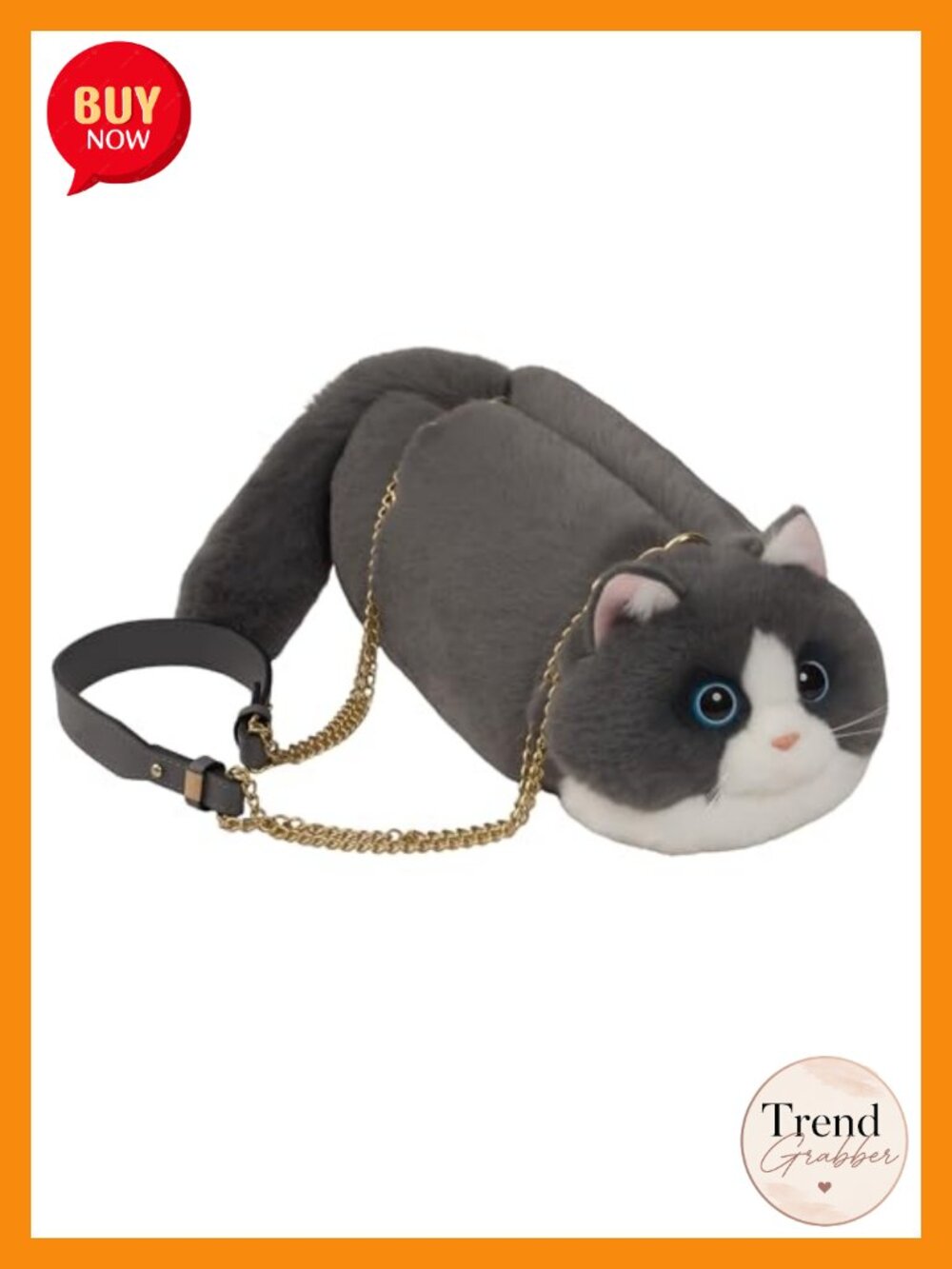 Realistic Cat Shaped Plush Crossbody Handbag with Metal Chain and Adjustable